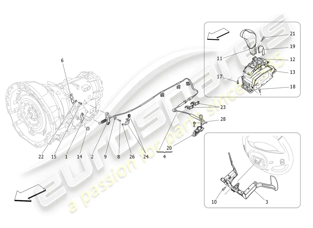maserati levante (2018) controles del conductor para caja de cambios automática. diagrama de piezas