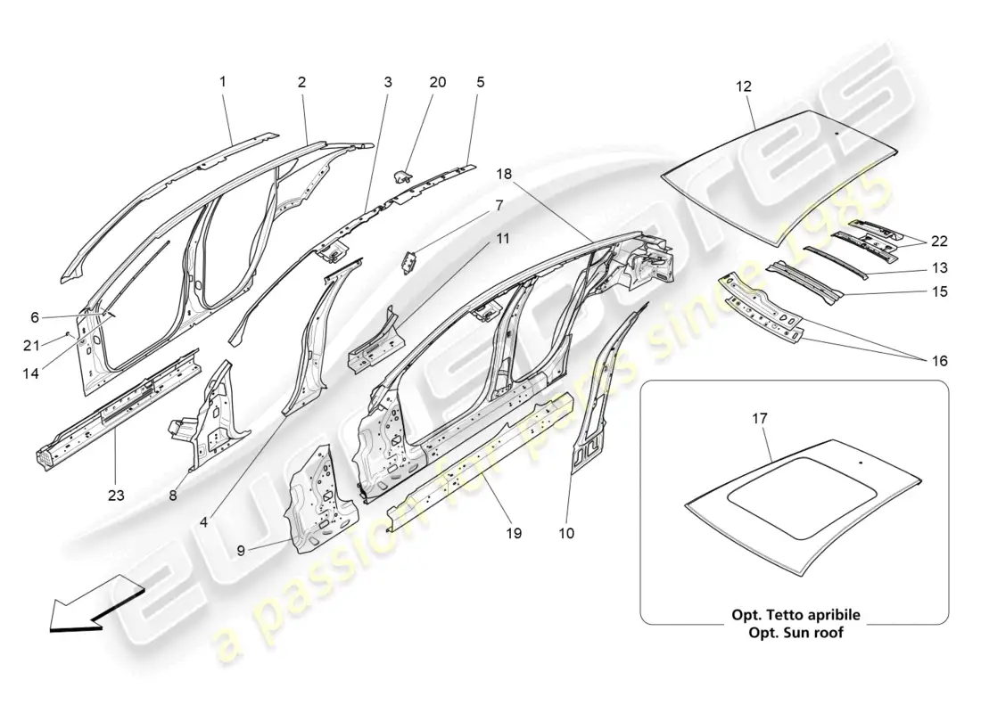 maserati levante modena (2022) carrocería y paneles exteriores centrales diagrama de piezas