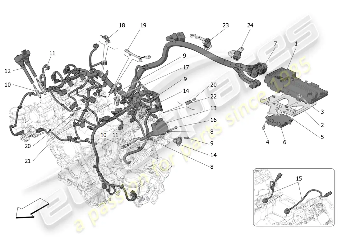 maserati mc20 (2022) control electrónico: control de inyección y distribución del motor diagrama de piezas
