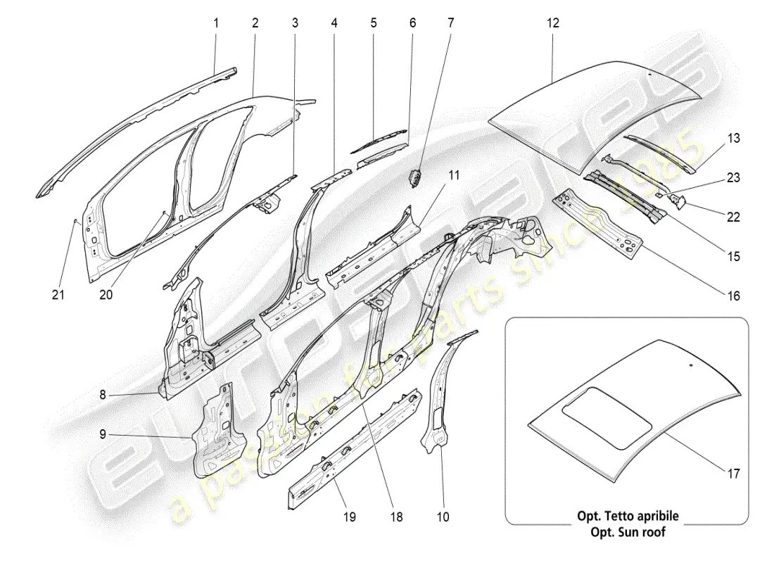maserati ghibli (2019) carrocería y paneles exteriores centrales diagrama de piezas