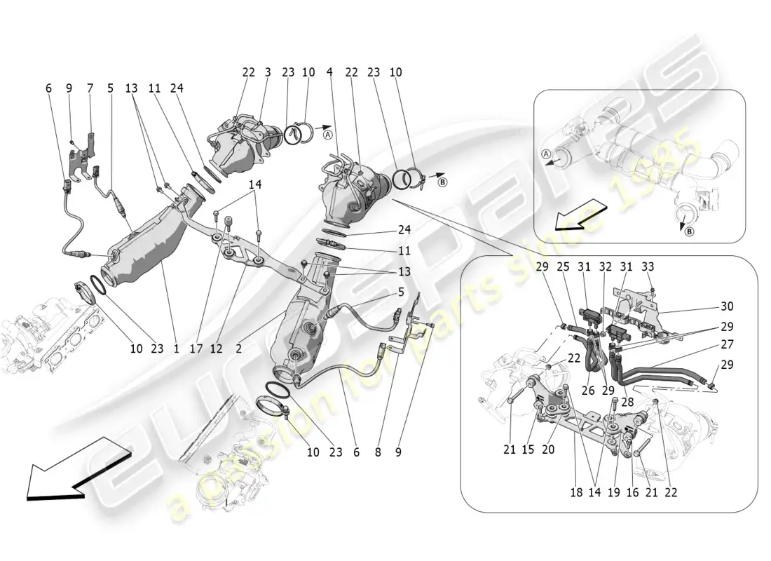 maserati mc20 (2022) convertidores precatalíticos y convertidores catalíticos. diagrama de piezas