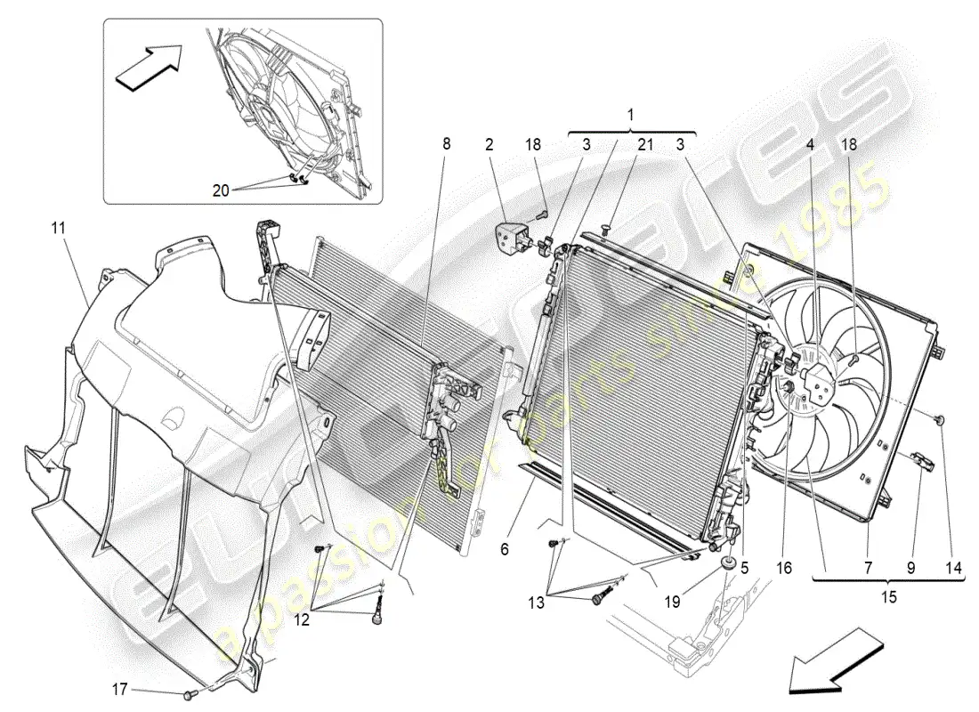 maserati ghibli (2019) enfriamiento: diagrama de piezas de conductos y radiadores de aire