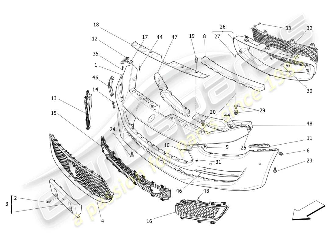 maserati ghibli fragment (2022) diagrama de piezas del parachoques delantero