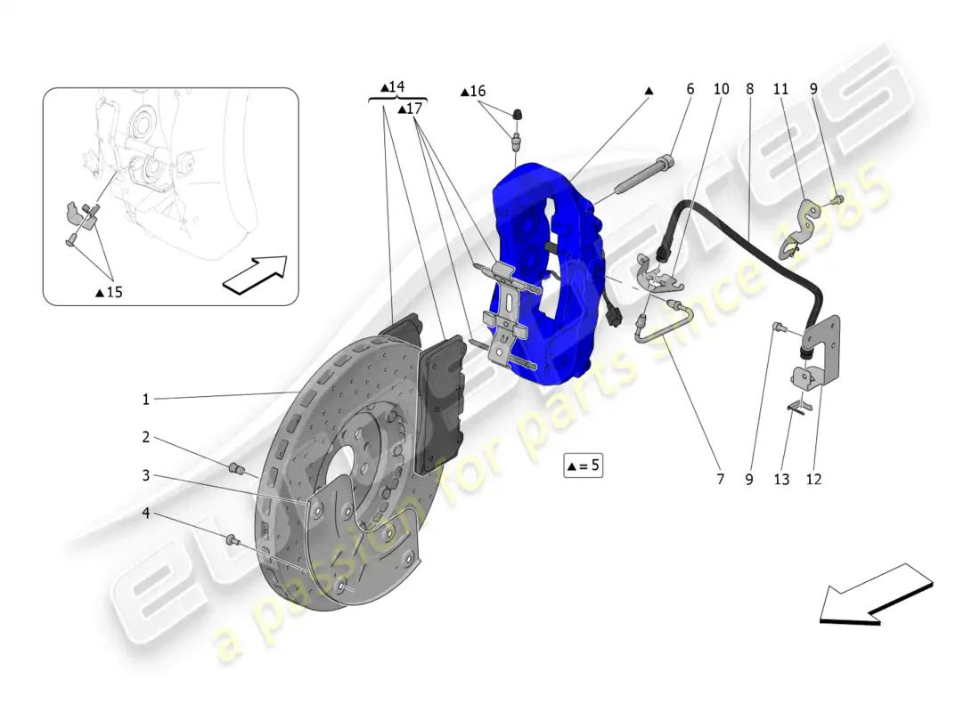 maserati mc20 (2022) dispositivos de frenado en las ruedas delanteras diagrama de piezas