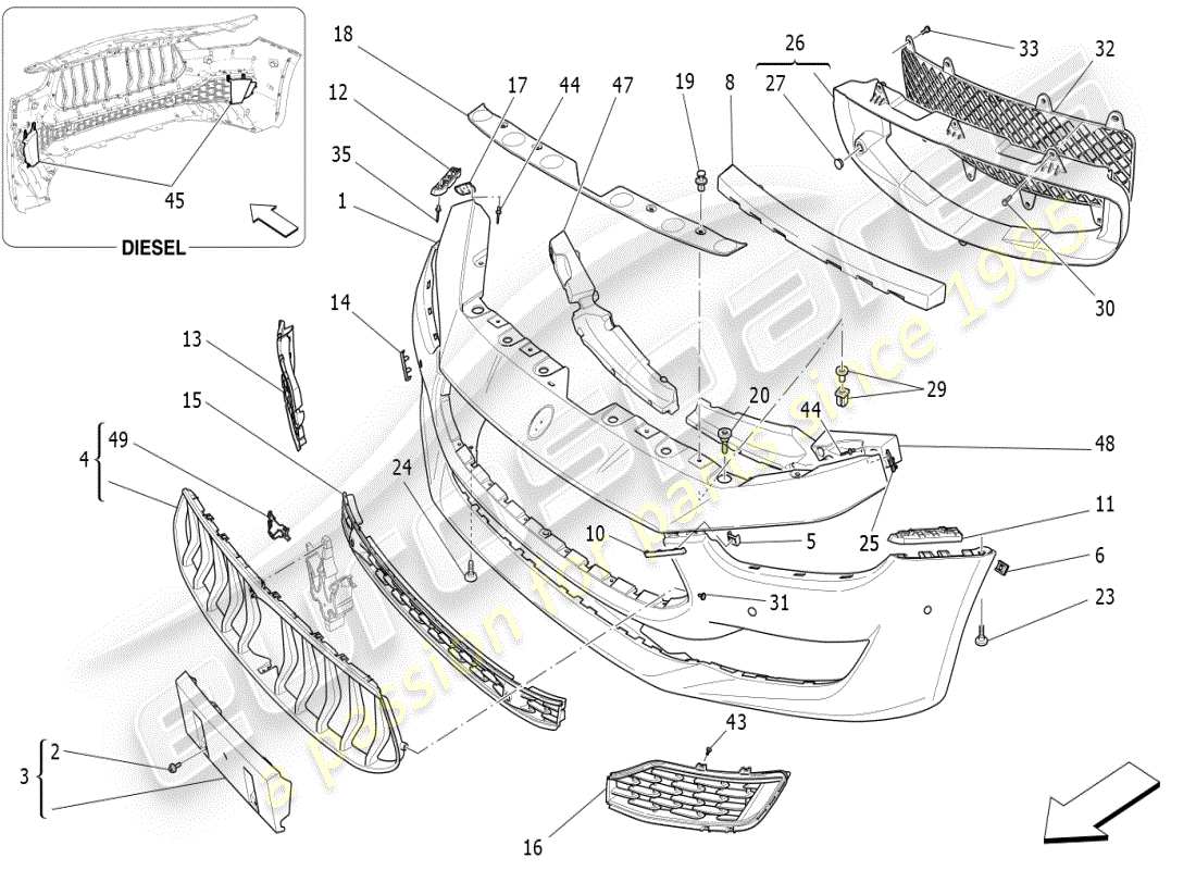 maserati ghibli (2021) diagrama de piezas del parachoques delantero