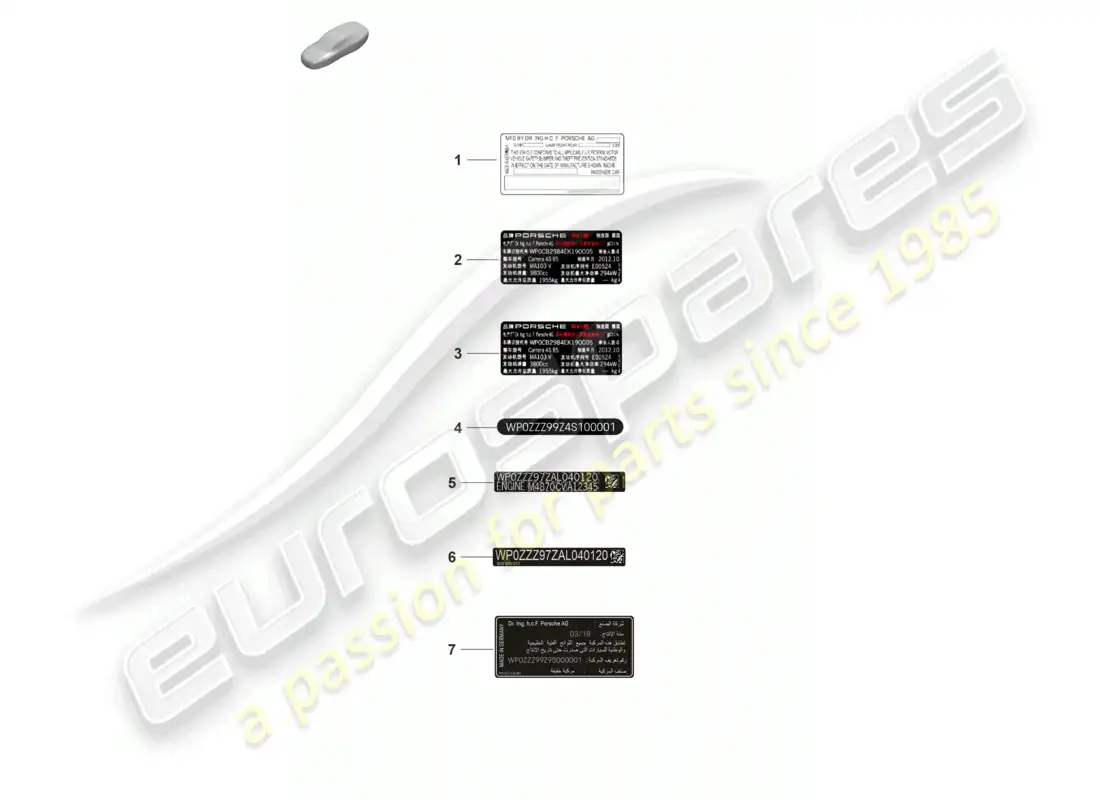 porsche 2022 (992-1 gt3/rs/st) certificado de calcomanía ee. uu. certificado de calcomanía canadá etiqueta de datos china corea emiratos árabes unidos diagrama de piezas