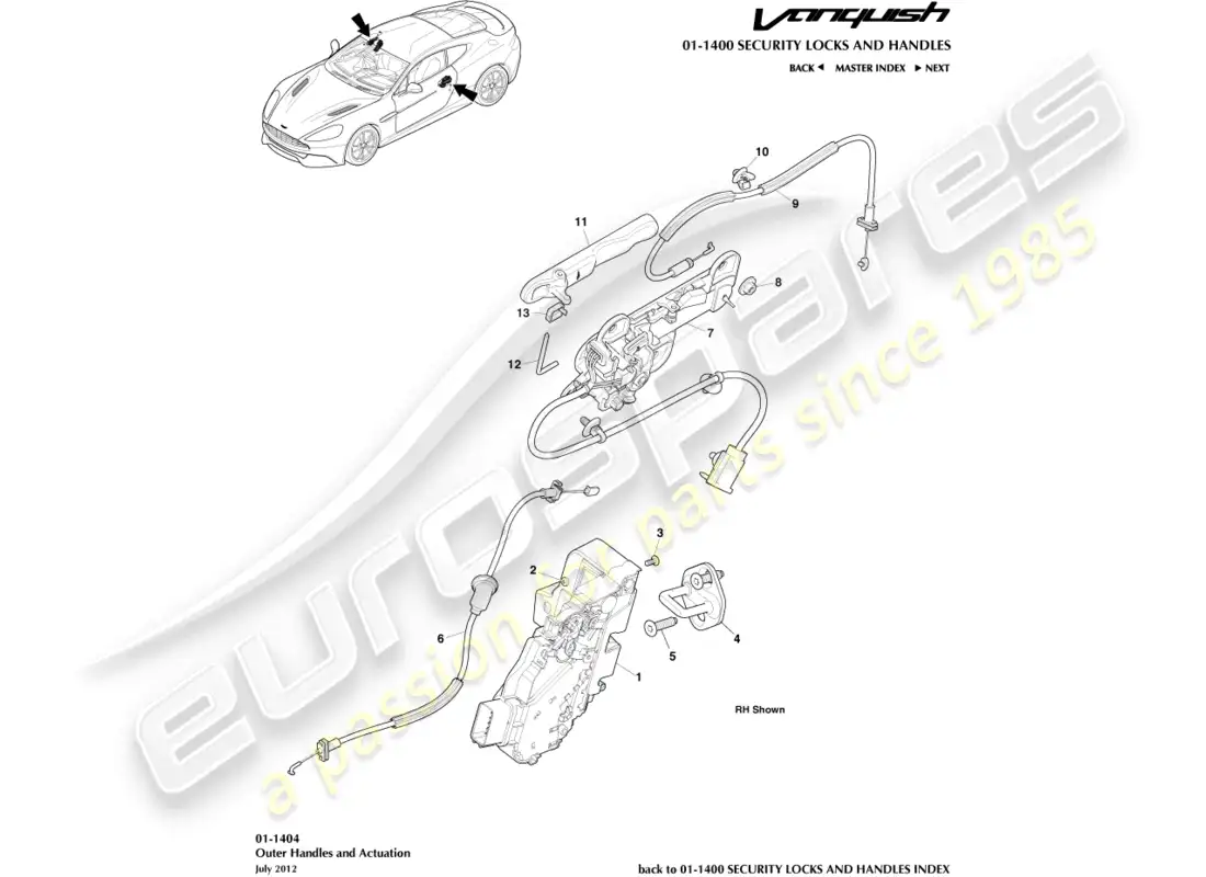 aston martin vanquish (2016) manijas exteriores y accionamiento diagrama de piezas