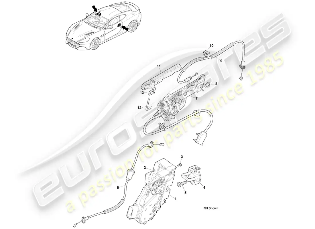 aston martin vanquish (2014) manijas exteriores y accionamiento diagrama de piezas