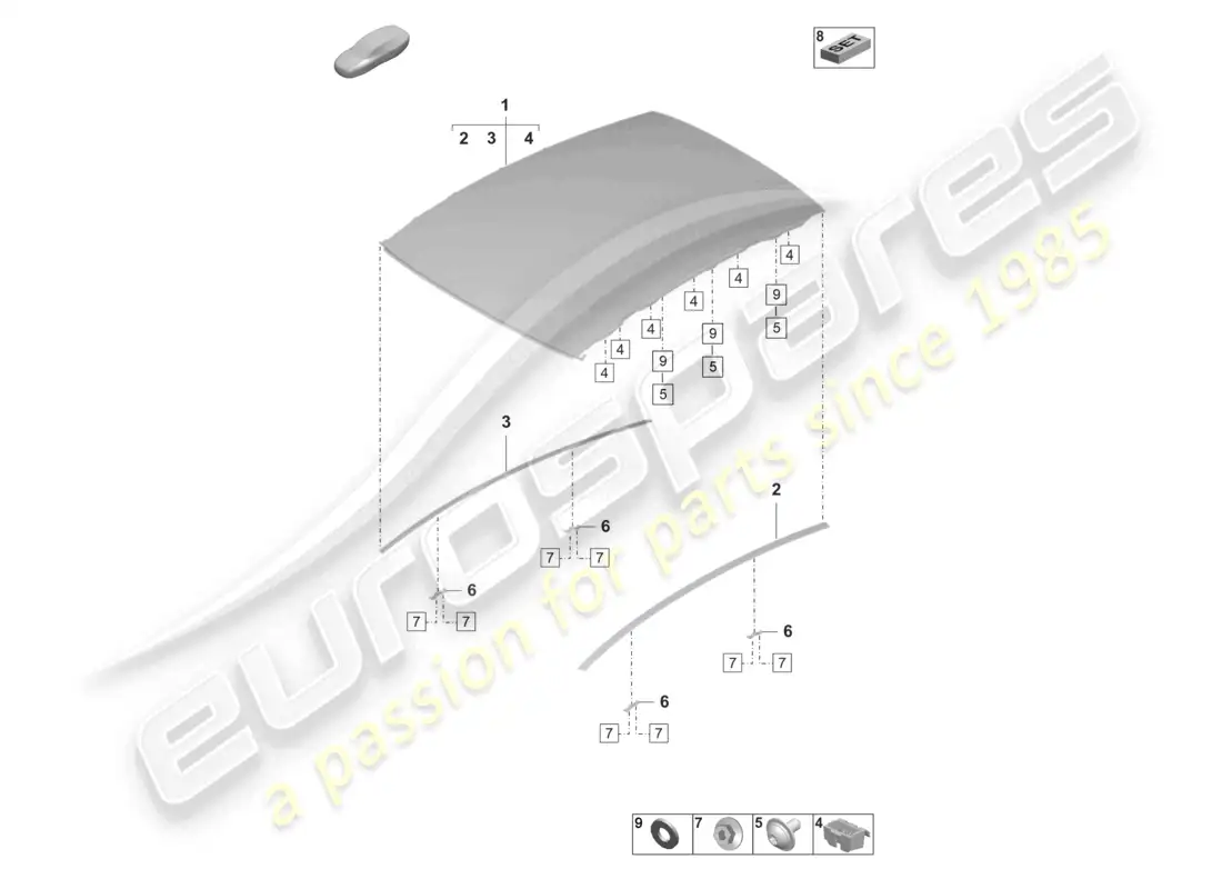 porsche 2025 (taycan 9j1-2) techo de cristal diagrama de piezas