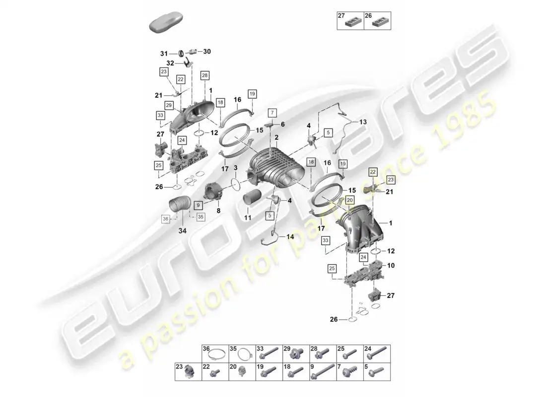 porsche 2022 (992-1 gt3/rs/st) diagrama de piezas de la válvula de mariposa del distribuidor de aire de admisión