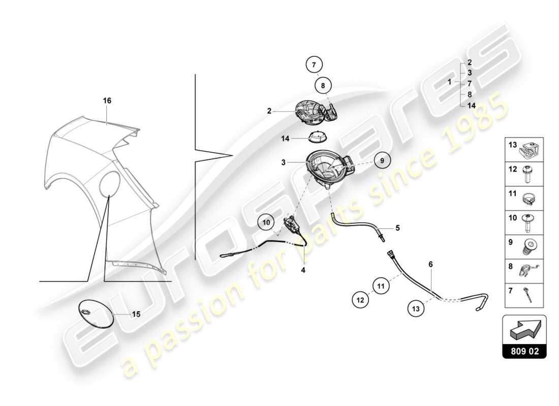 lamborghini 2019 (performante spyder) diagrama de piezas de la tapa de llenado de combustible