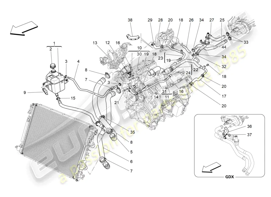 maserati levante (2017) sistema de enfriamiento: nourice y líneas diagrama de piezas
