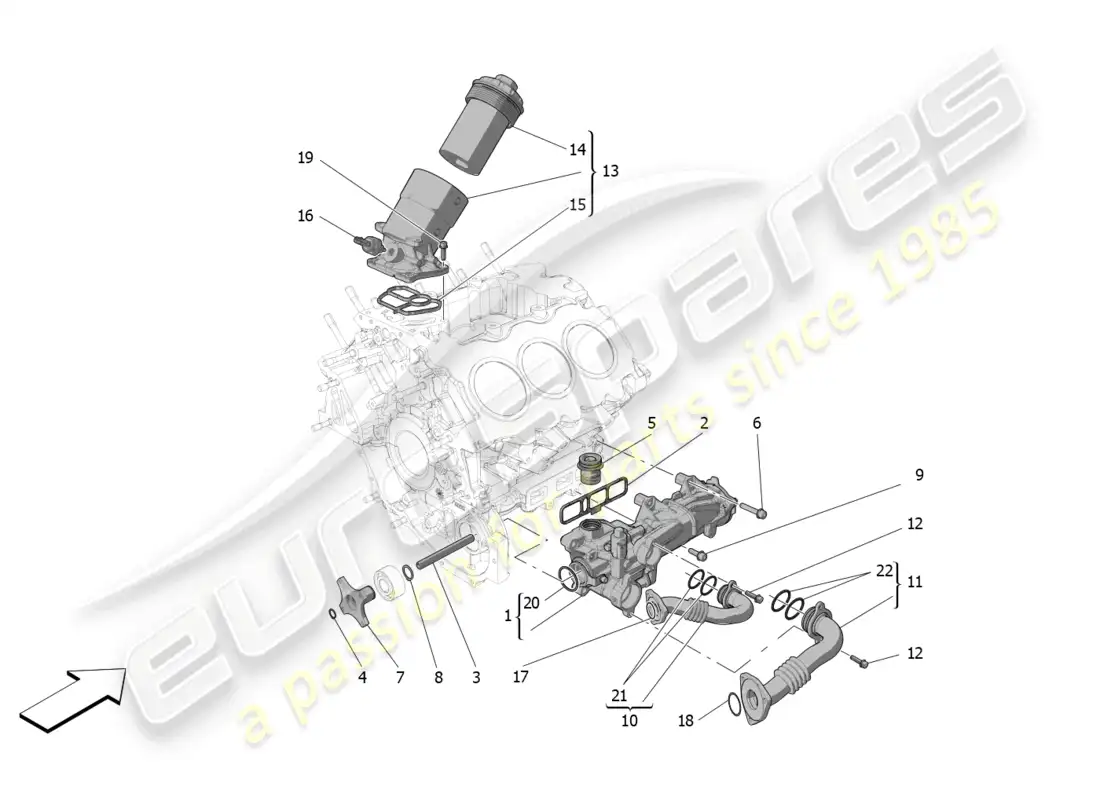 maserati mc20 (2022) sistema de lubricación: bomba y filtro diagrama de piezas