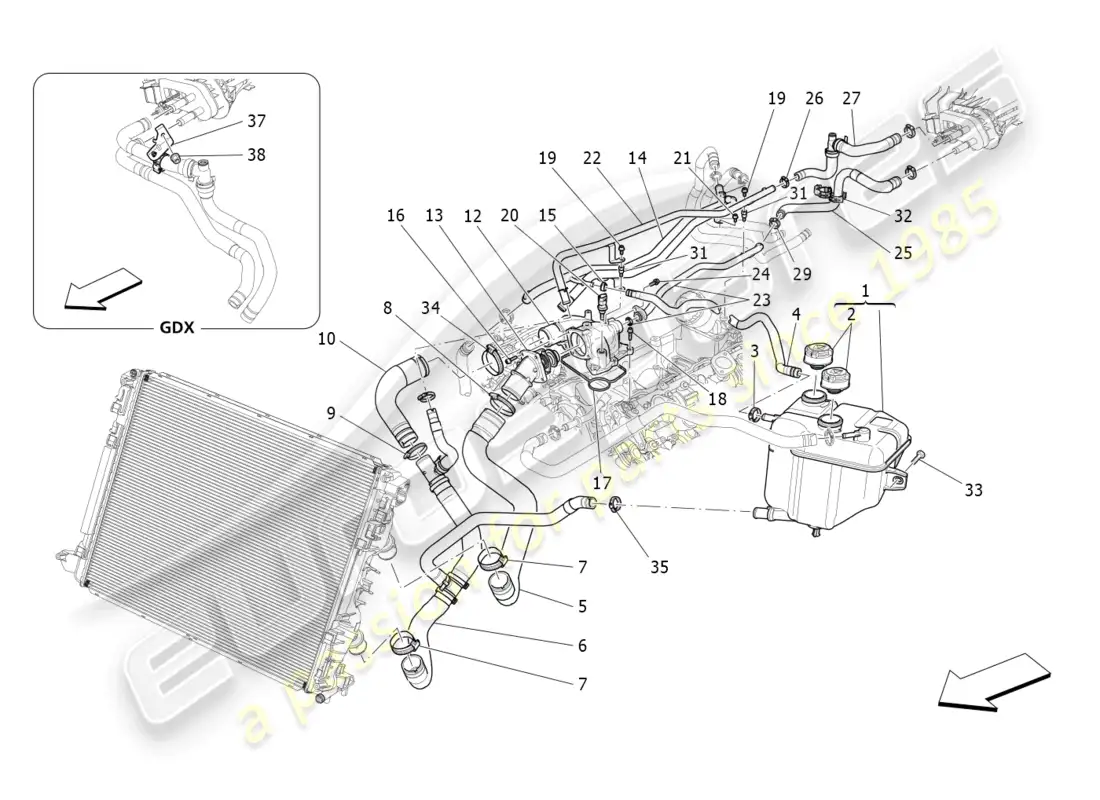maserati levante modena s (2022) sistema de enfriamiento: nourice y líneas diagrama de piezas