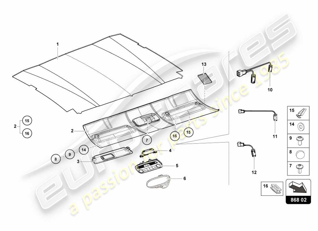 lamborghini 2020 (performante coupe) diagrama de piezas del revestimiento del techo