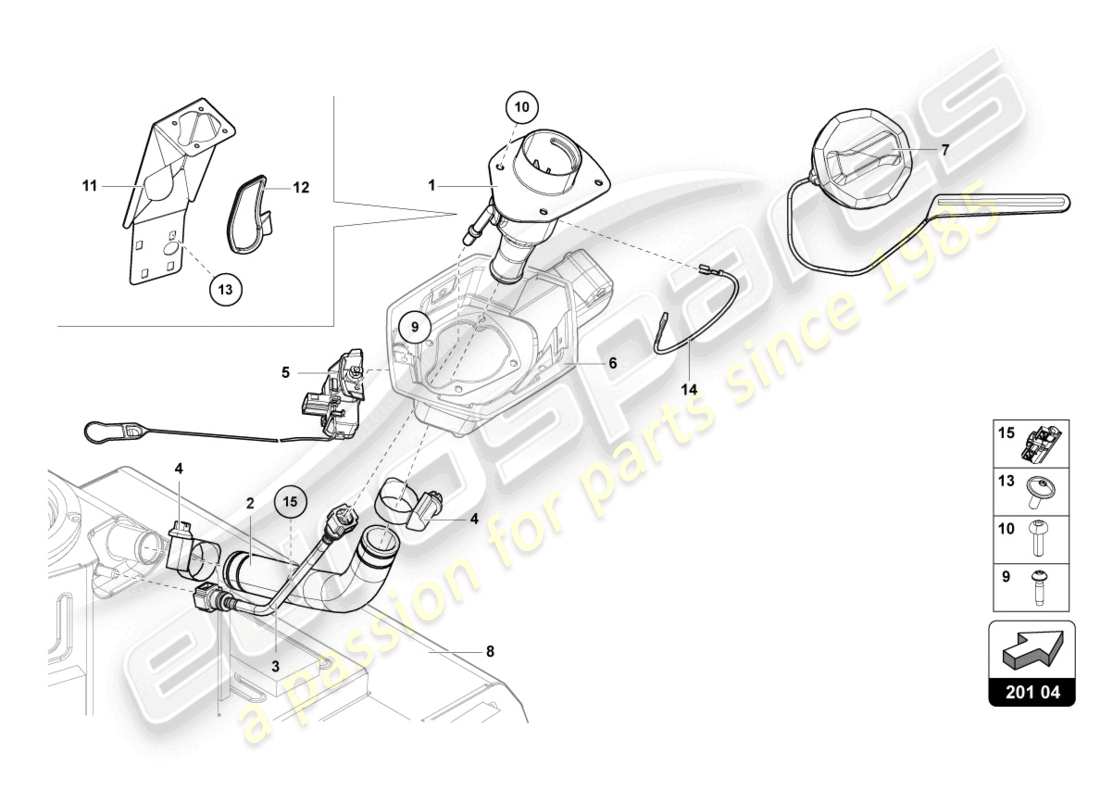 lamborghini 2017 (lp700-4 coupe) cuello de llenado de combustible con restric diagrama de piezas