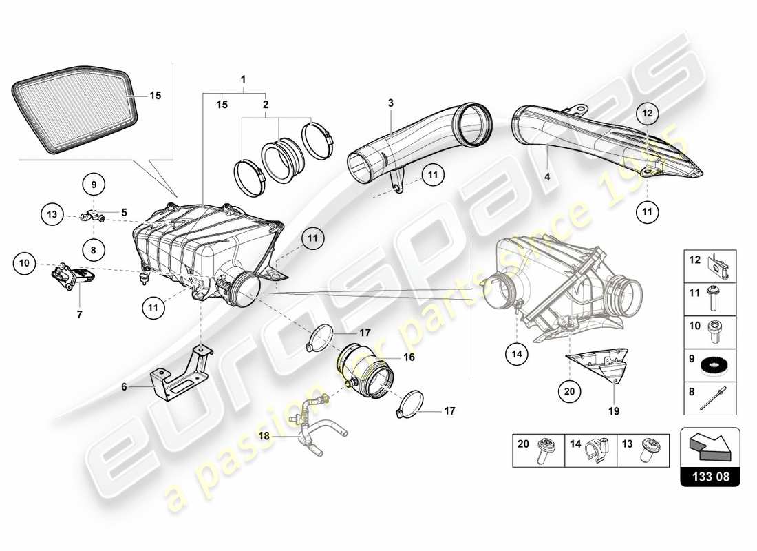 lamborghini 2019 (performante coupe) diagrama de piezas de la carcasa del filtro de aire