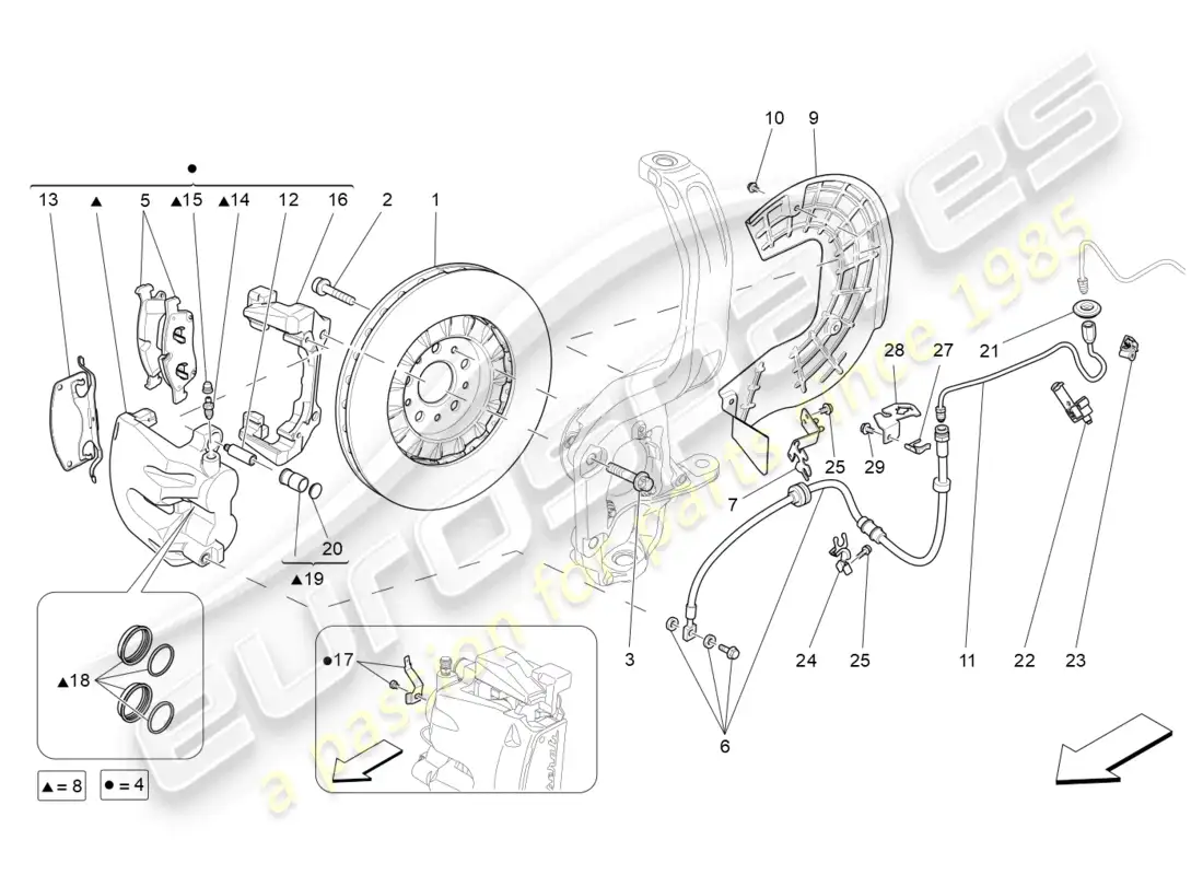 maserati levante gt (2022) dispositivos de frenado en las ruedas delanteras diagrama de piezas