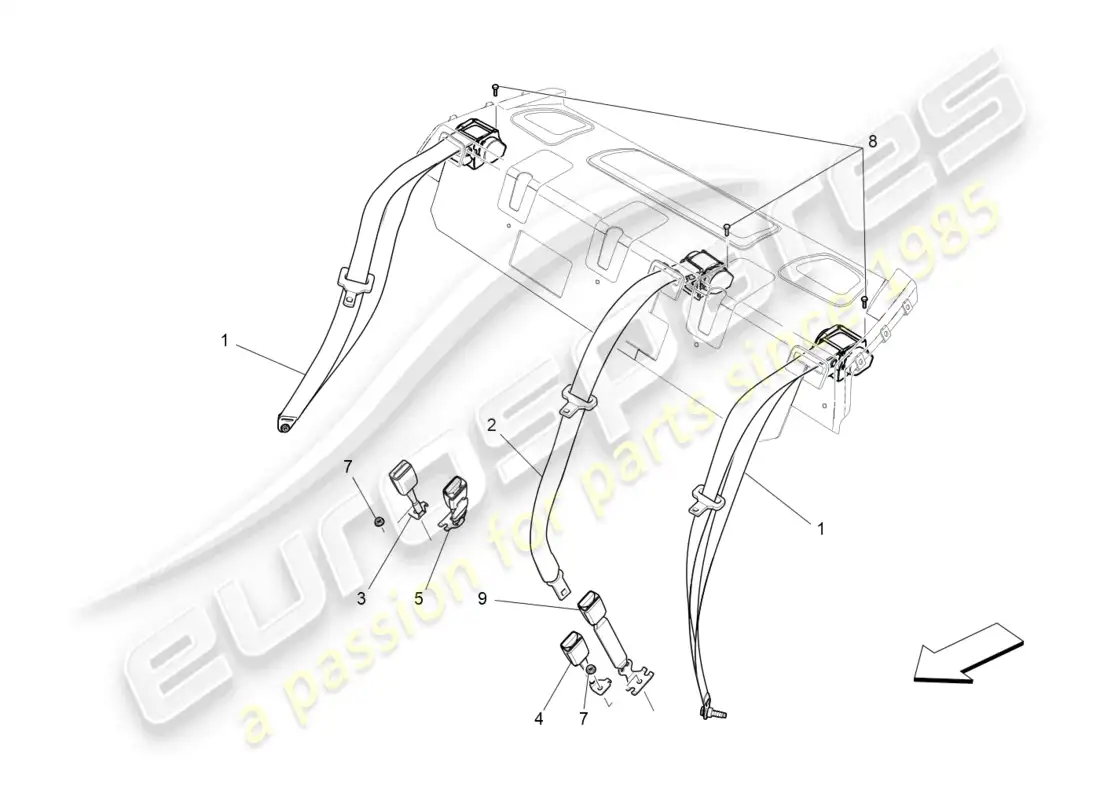 maserati ghibli (2014) cinturones de seguridad traseros diagrama de piezas