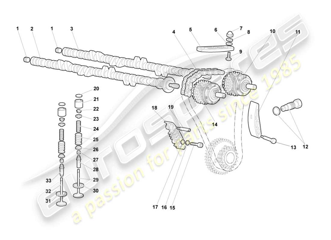 lamborghini murcielago coupe (2003) árbol de levas, válvulas derecha diagrama de pieza