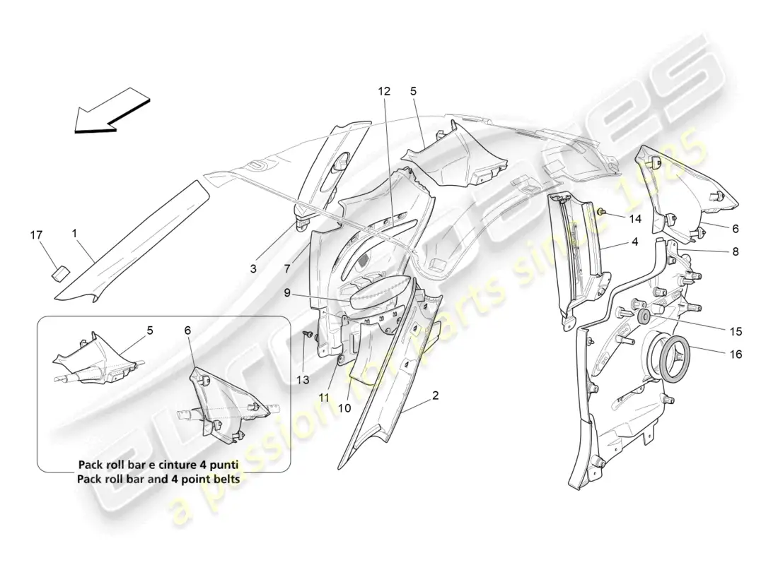 maserati granturismo mc stradale (2013) paneles de adorno del pilar del habitáculo b y paneles laterales diagrama de piezas