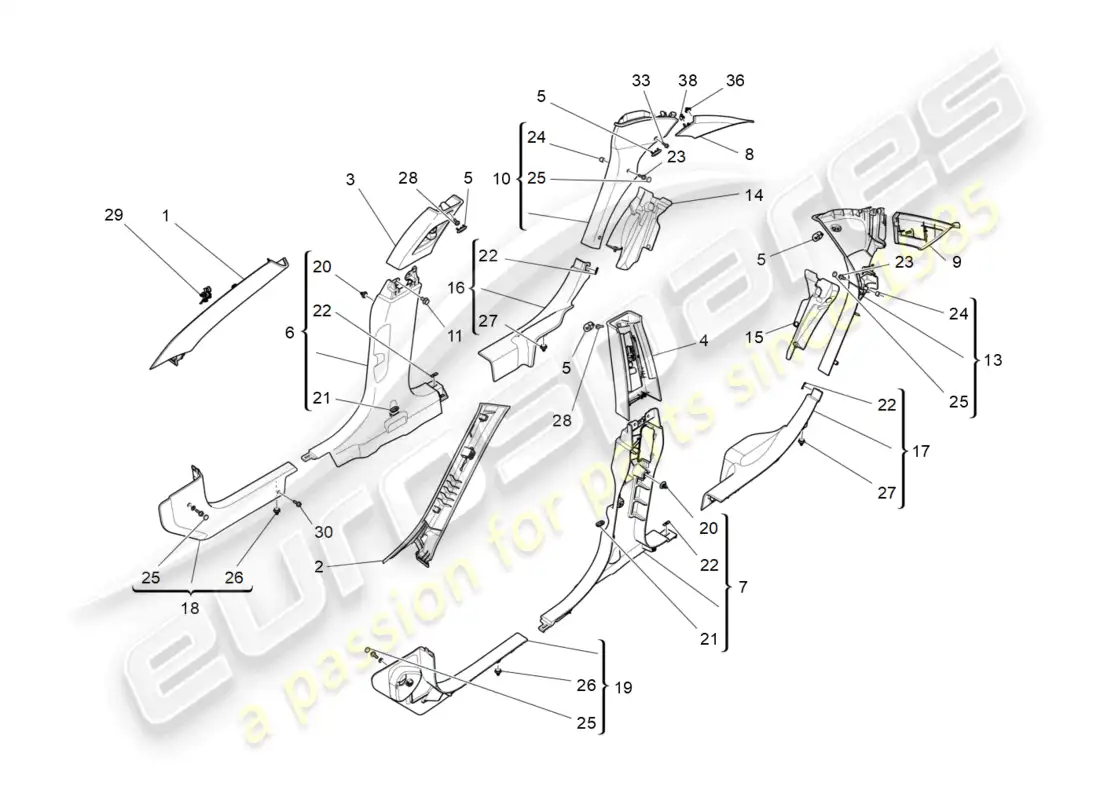 maserati ghibli (2015) paneles de adorno del pilar del habitáculo b y paneles laterales diagrama de piezas