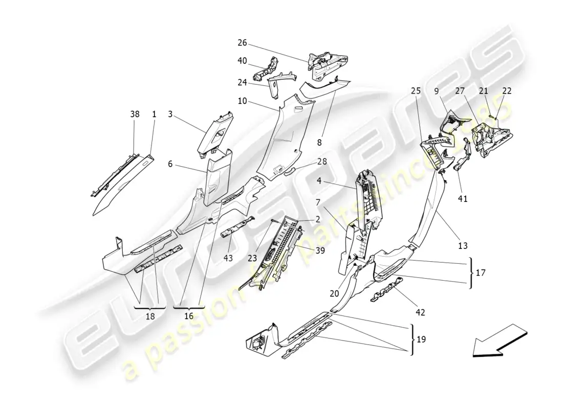 maserati levante gt (2022) paneles de adorno del pilar del habitáculo b y paneles laterales diagrama de piezas