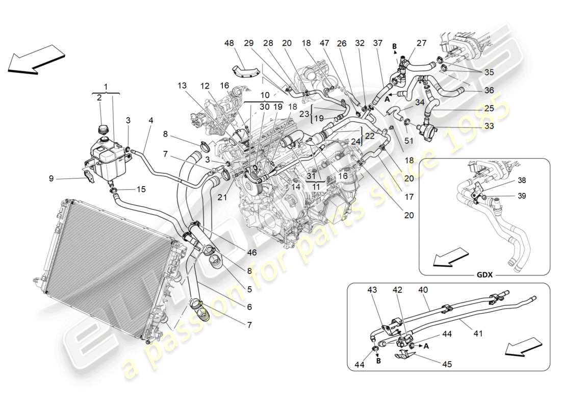 maserati quattroporte (2018) sistema de refrigeración: diagrama de piezas de nourice y líneas