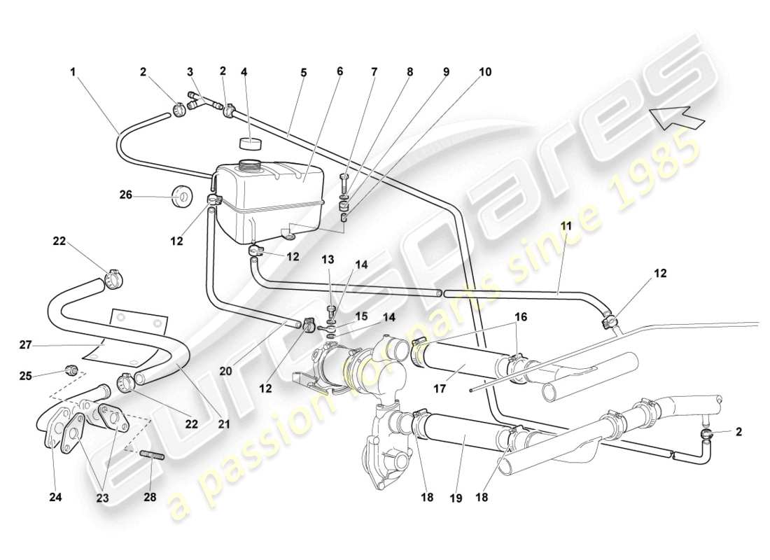 lamborghini murcielago coupe (2003) diagrama de piezas del sistema de refrigeración del refrigerante