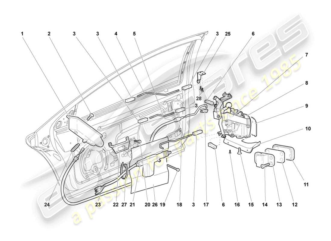 lamborghini murcielago coupe (2003) diagrama de piezas de la cerradura de la puerta