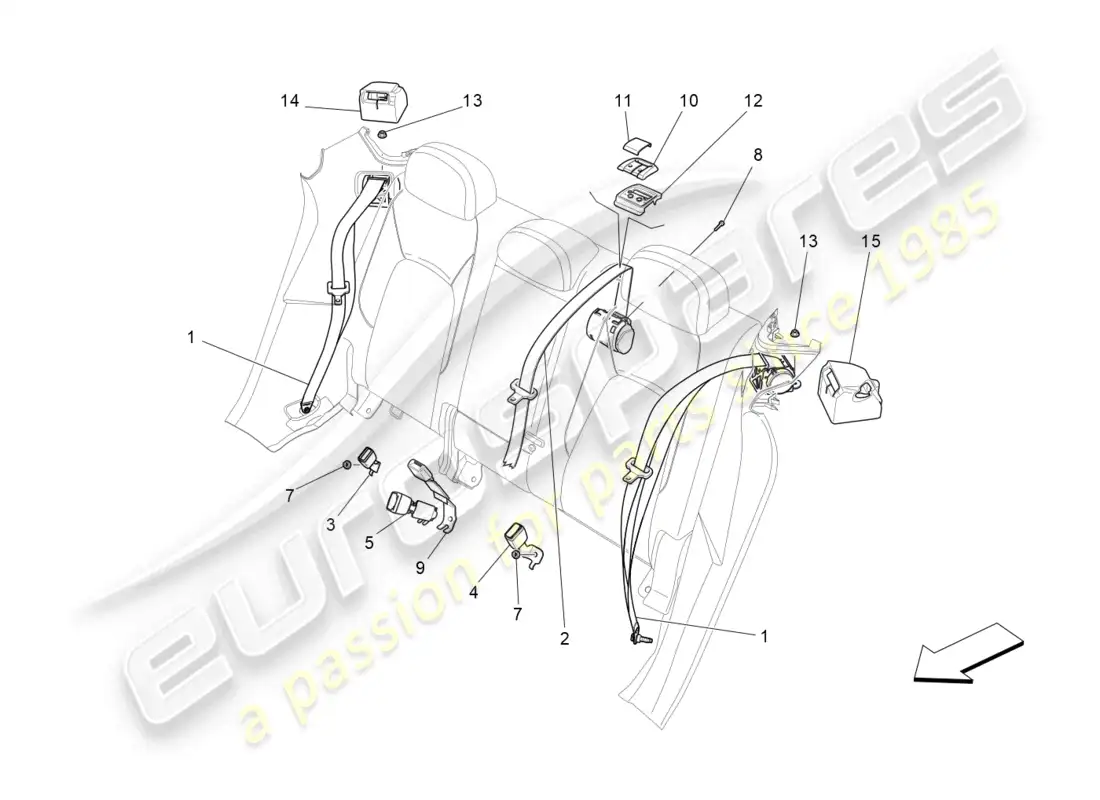maserati levante gt (2022) cinturones de seguridad traseros diagrama de piezas