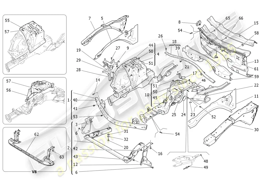 maserati ghibli (2014) marcos estructurales frontales y paneles de chapa diagrama de piezas