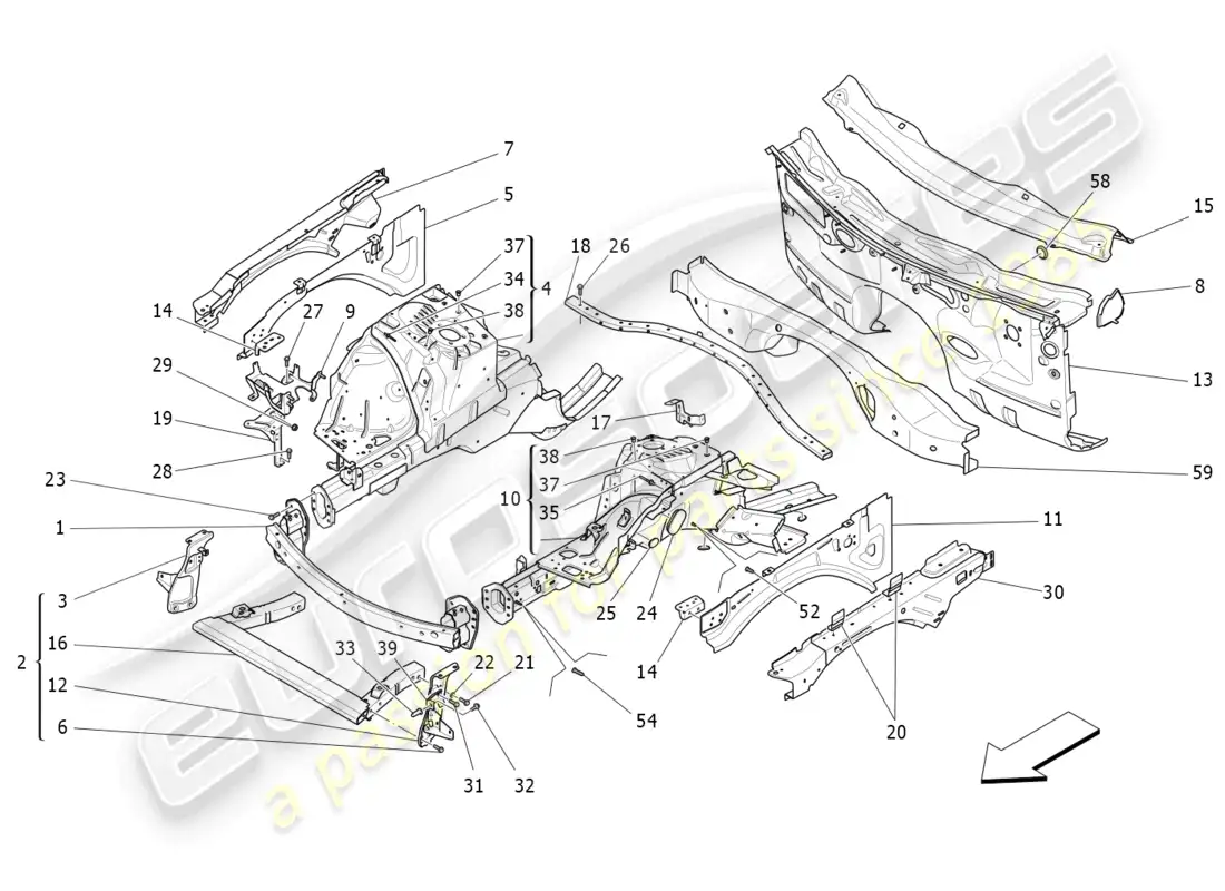 maserati levante (2017) marcos estructurales frontales y paneles de chapa diagrama de piezas