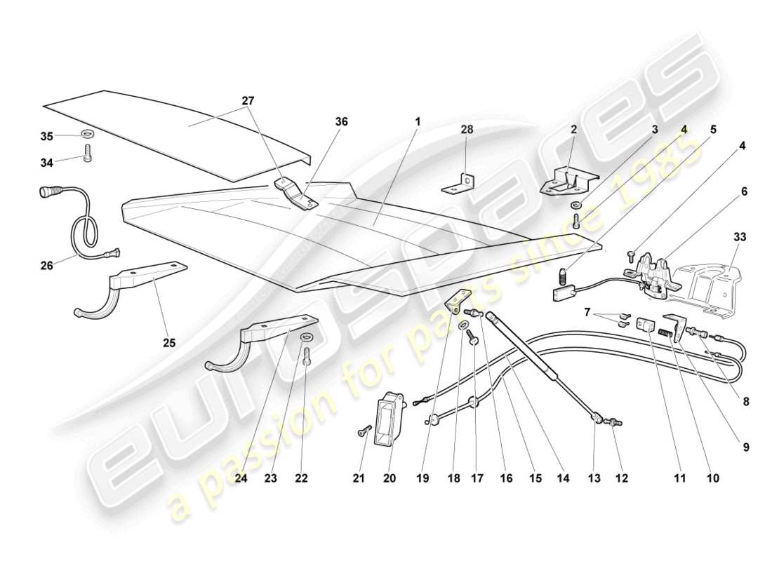 lamborghini murcielago coupe (2003) solapa para cubierta de motor diagrama de piezas