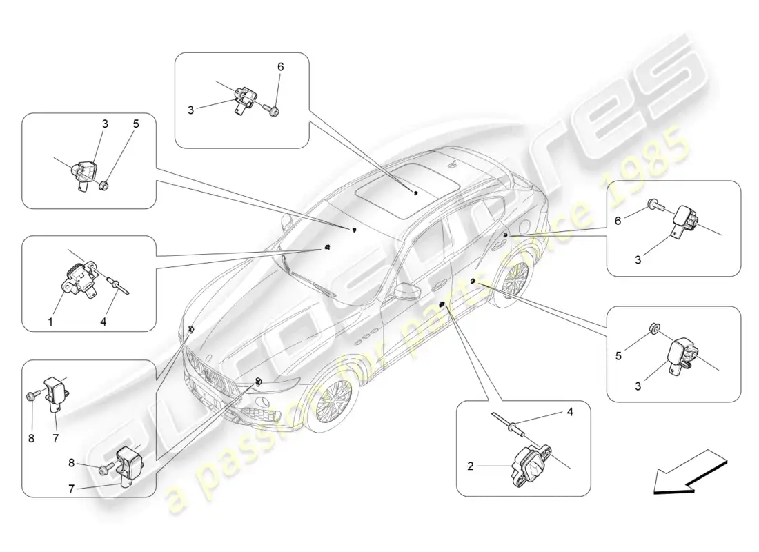 maserati levante tributo (2021) sensores de accidente diagrama de piezas