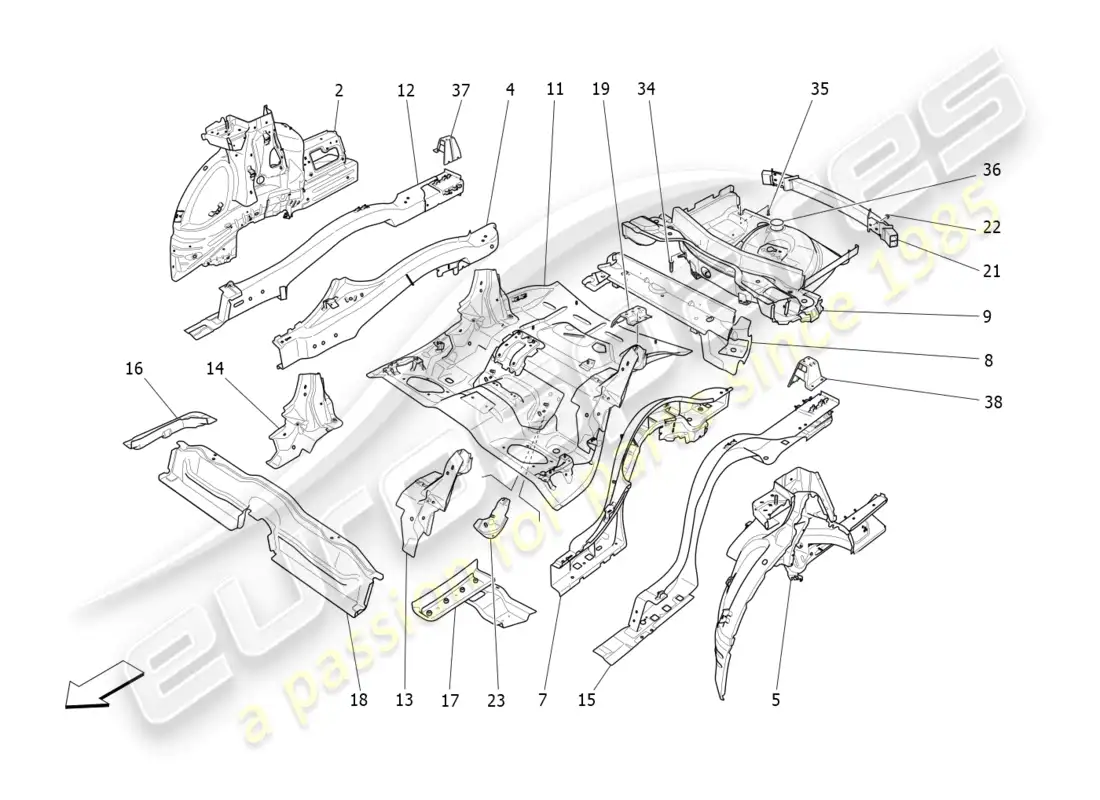 maserati levante (2017) marcos estructurales traseros y paneles de chapa diagrama de piezas