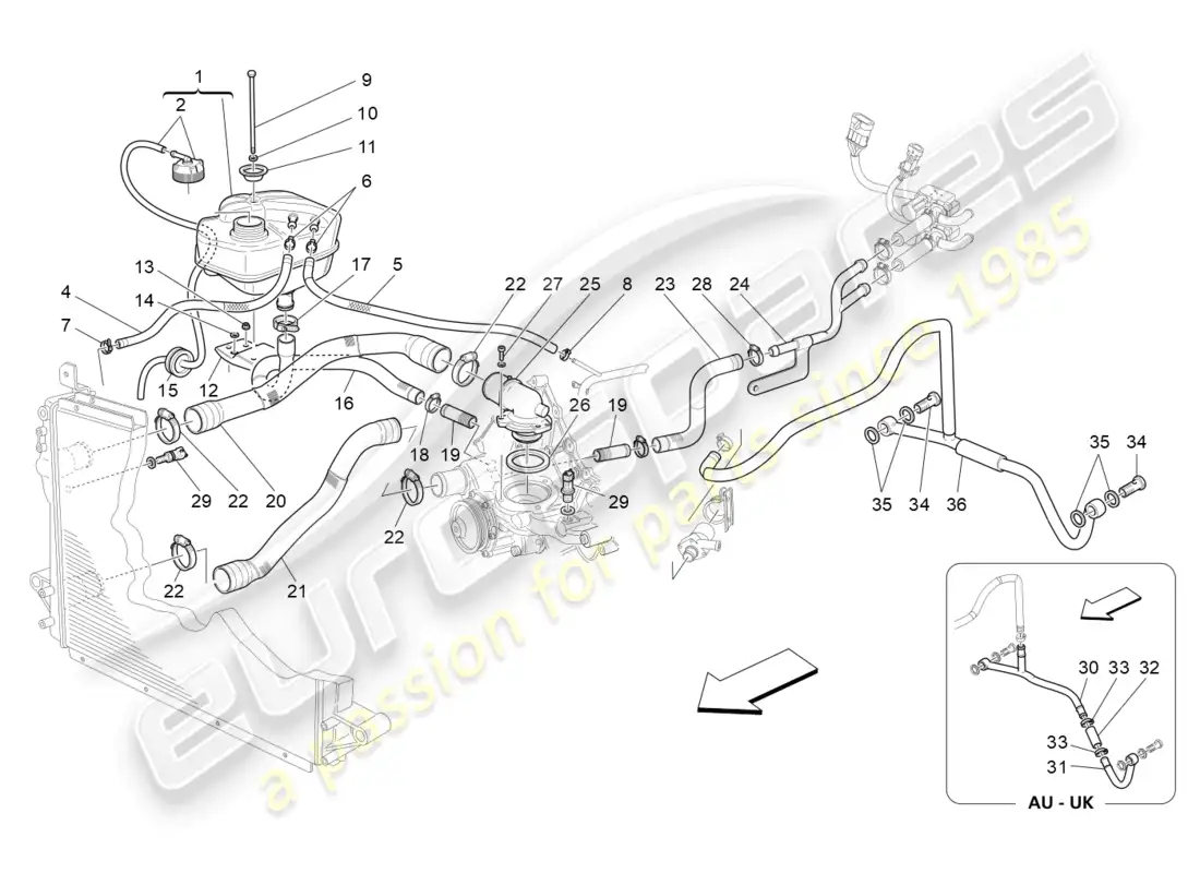 maserati granturismo mc stradale (2013) sistema de enfriamiento: nourice y líneas diagrama de piezas