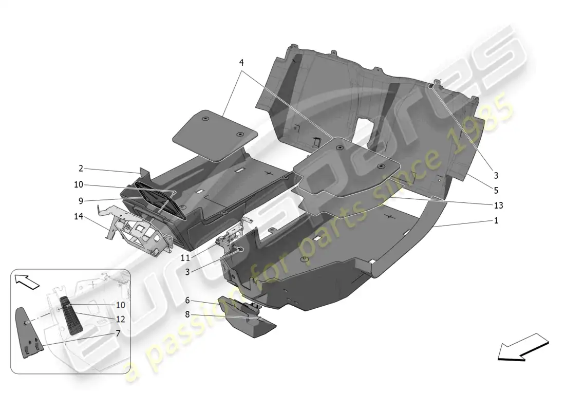 maserati mc20 cielo (2023) alfombrillas del habitáculo diagrama de piezas