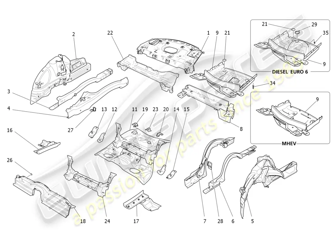 maserati ghibli (2014) marcos estructurales traseros y paneles de chapa diagrama de piezas