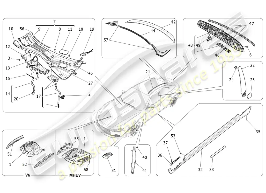 maserati ghibli (2014) protectores, embellecedores y paneles de cobertura diagrama de piezas