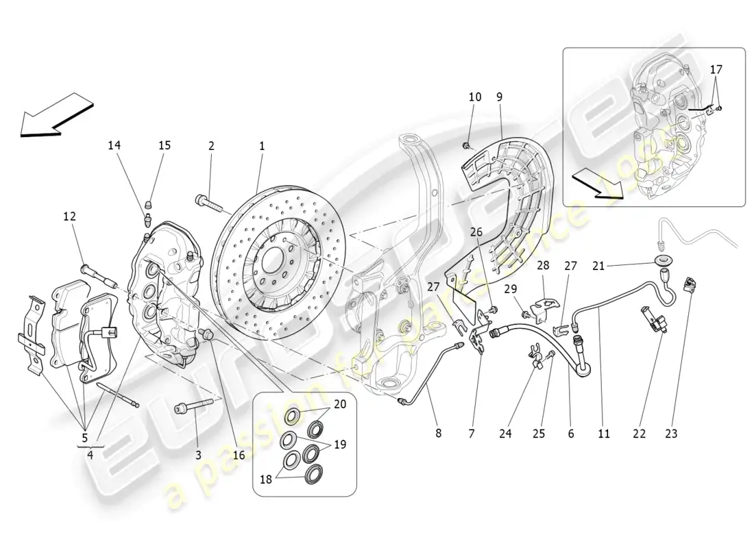 maserati ghibli (2016) dispositivos de frenado en las ruedas delanteras diagrama de piezas