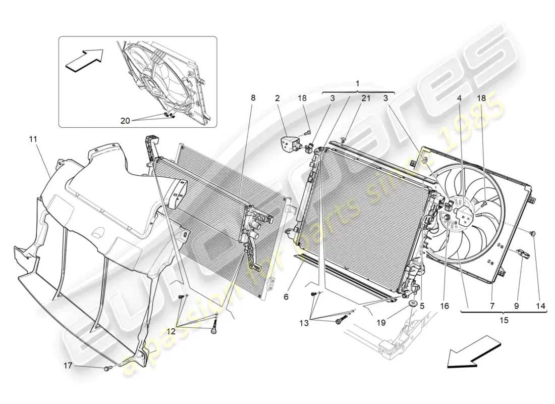 maserati ghibli (2015) refrigeración: radiadores de aire y conductos diagrama de piezas