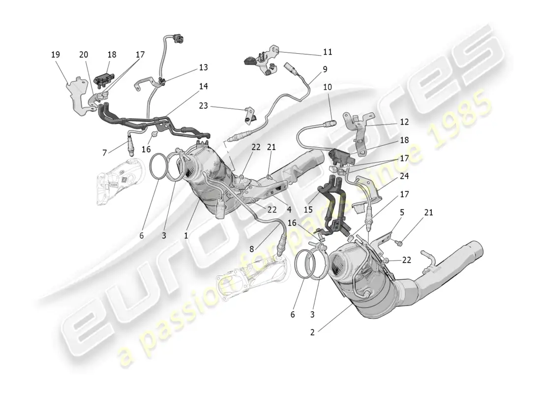 maserati grecale trofeo (2023) convertidores precatalíticos y convertidores catalíticos. diagrama de piezas