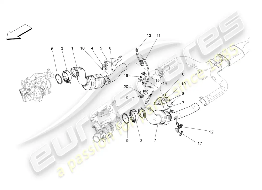 maserati levante (2018) convertidores precatalíticos y convertidores catalíticos. diagrama de piezas