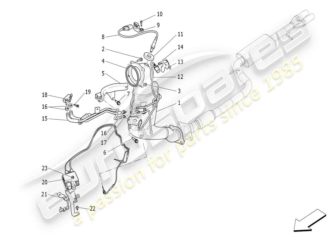 maserati ghibli (2021) diagrama de piezas de convertidores precatalíticos y convertidores catalíticos
