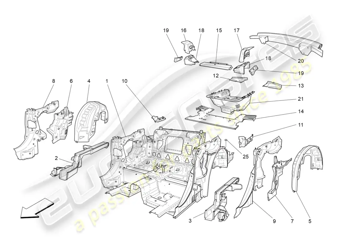 maserati grancabrio mc (2013) marcos estructurales traseros y paneles de chapa diagrama de piezas