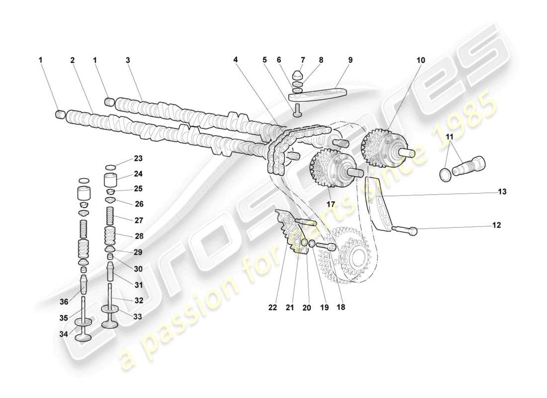 lamborghini murcielago coupe (2006) árbol de levas, válvulas izquierda diagrama de pieza