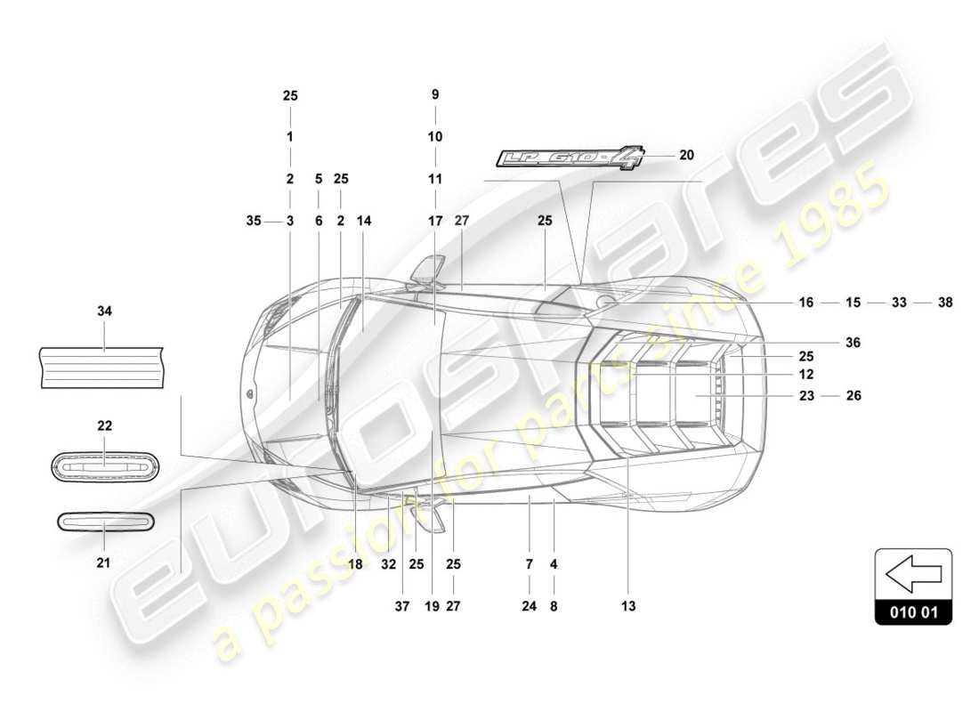 lamborghini evo coupe 2wd (2020) inscripciones/letras diagrama de piezas