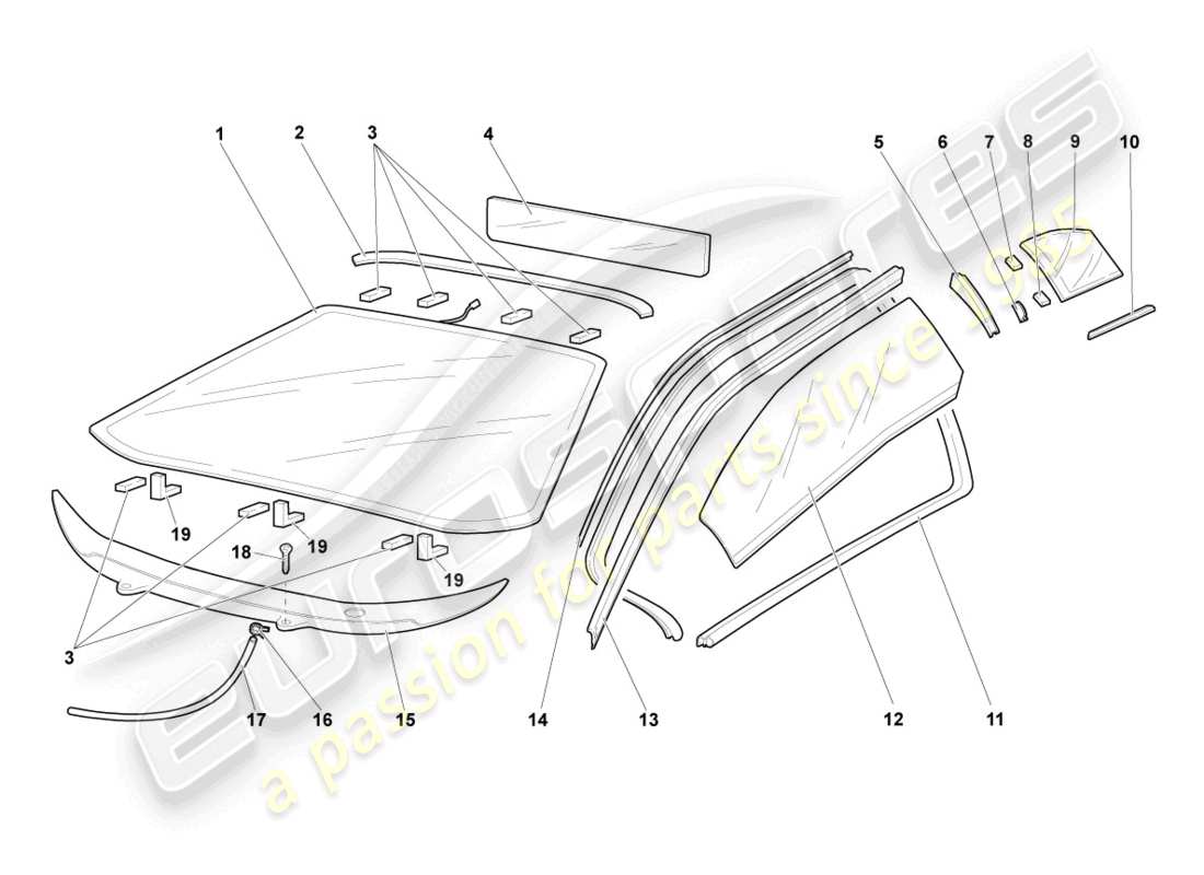 lamborghini murcielago coupe (2002) diagrama de piezas de vidrios para ventanas