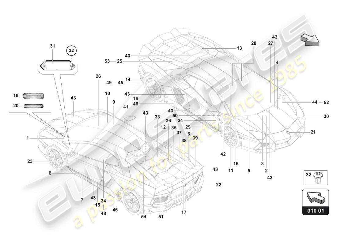 lamborghini 2015 (lp750-4 sv coupe) placas tipo diagrama de piezas